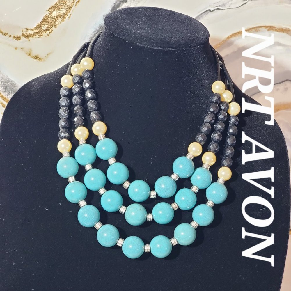 Vintage Avon Turquoise Black Pearl Silver Bead ed 10" Drop Layered Necklace - Picture 5 of 5
